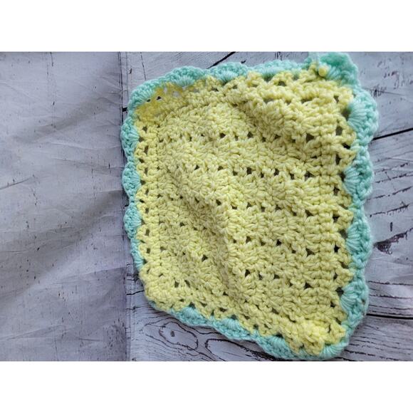 Crocheted Yellow Mint Green Baby Doll Blanket About 11x11in Handmade? - Picture 2 of 5